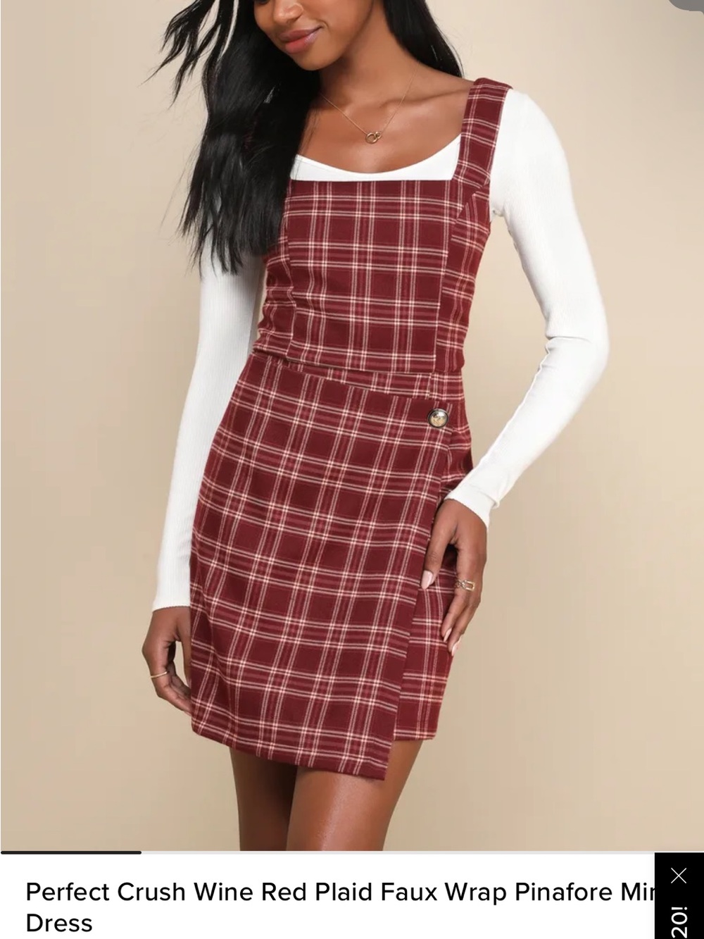 Lulus Perfect Crush Wine Red Plaid Faux Wrap Pinafore Dress Size Large